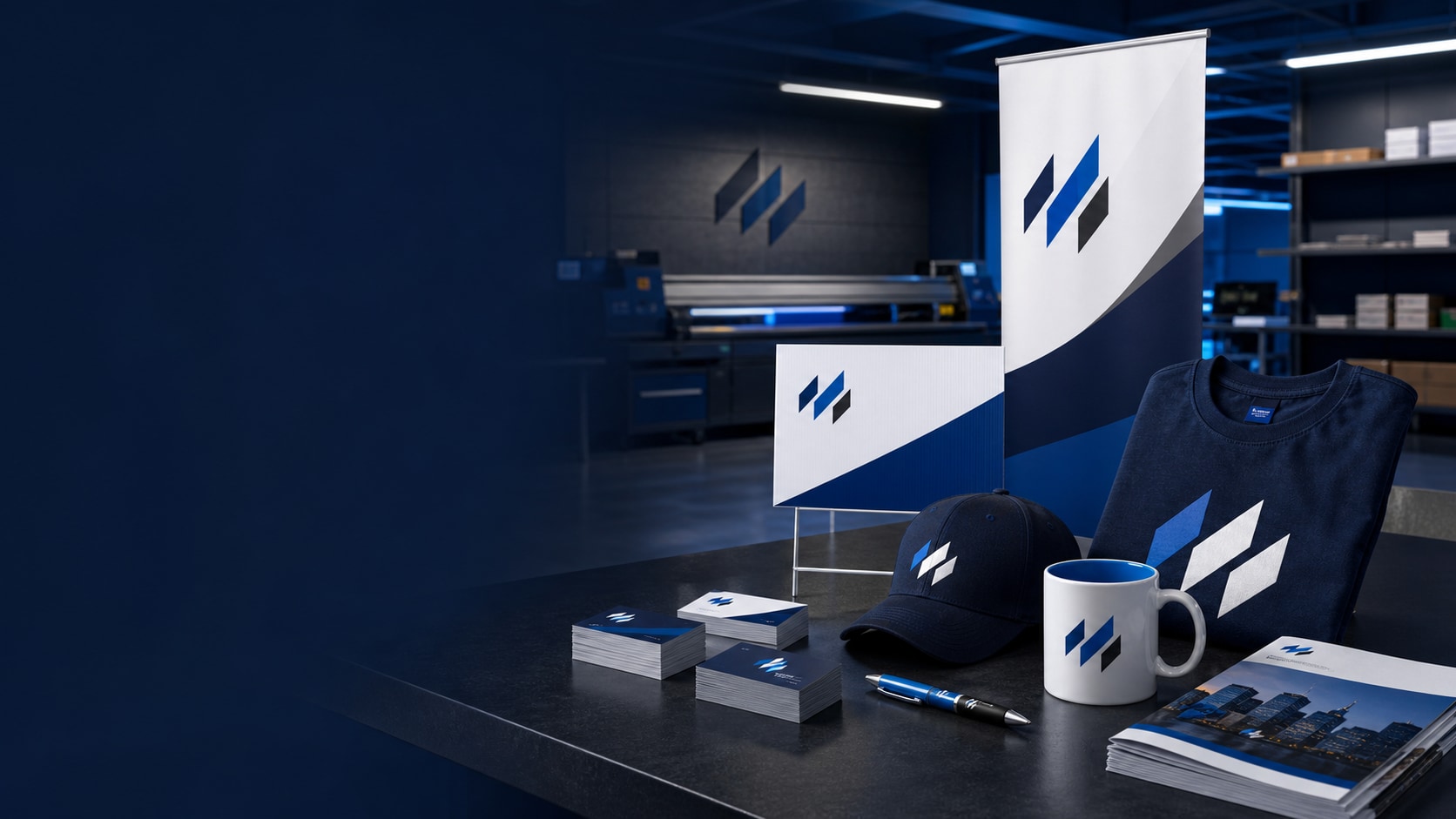 Coordinated business print, signage, and branded merchandise